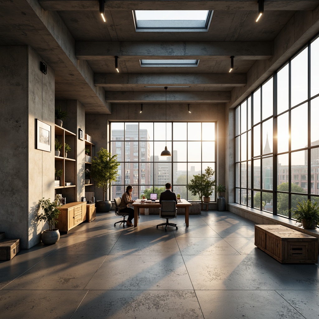 Prompt: Industrial brutalist home office, exposed concrete walls, raw steel beams, reclaimed wood furniture, industrial-style lighting fixtures, abundant natural light, floor-to-ceiling windows, skylights, minimalist decor, monochromatic color scheme, textured concrete floors, geometric shapes, urban landscape views, morning sunlight, soft warm glow, 1/2 composition, atmospheric perspective, realistic shadows, subtle ambient occlusion.