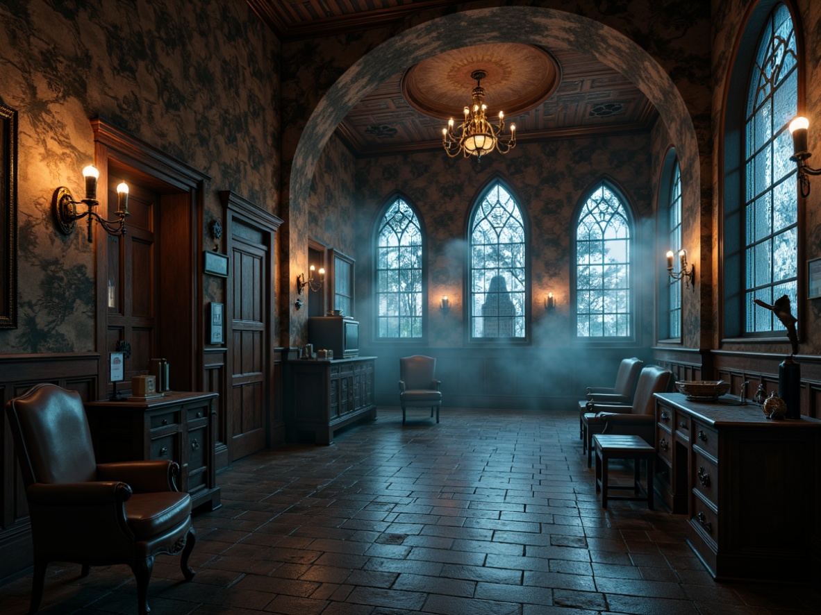 Prompt: Mysterious clinic interior, Gothic arches, ornate stone carvings, grandiose chandeliers, rich wooden accents, distressed brick walls, medieval-inspired tapestries, mystical stained glass windows, eerie dim lighting, dramatic shadows, 1/2 composition, atmospheric fog, high-contrast textures, ambient occlusion.