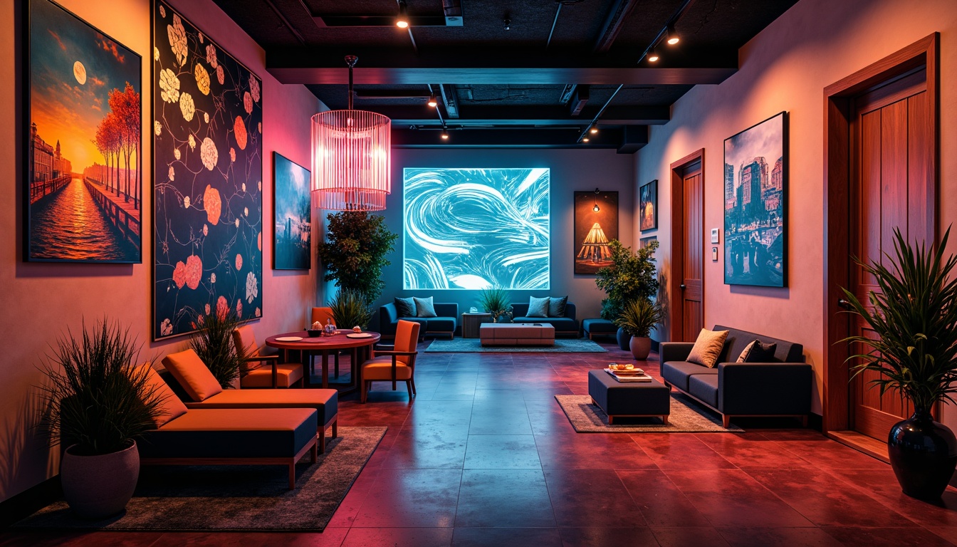 Prompt: Dramatic Expressionist space, avant-garde atmosphere, bold color schemes, abstract art pieces, geometric patterns, futuristic furniture, eclectic decor, statement lighting fixtures, sculptural chandeliers, neon-lit installations, LED light waves, moody shadows, high-contrast ambiance, cinematic composition, 2.35