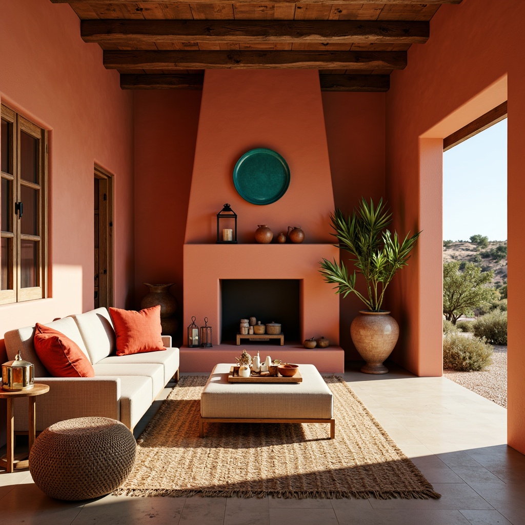 Prompt: Warm terracotta walls, rich turquoise accents, soft sandy beige floors, vibrant coral throw pillows, distressed wood furniture, natural woven textiles, rustic metal lanterns, earthy clay pottery, warm golden lighting, cozy fireplace nook, plush area rugs, organic shapes, geometric patterns, bold red and orange hues, Southwestern-inspired motifs, desert landscape views, bright sunny day, shallow depth of field, 3/4 composition, panoramic view, realistic textures, ambient occlusion.