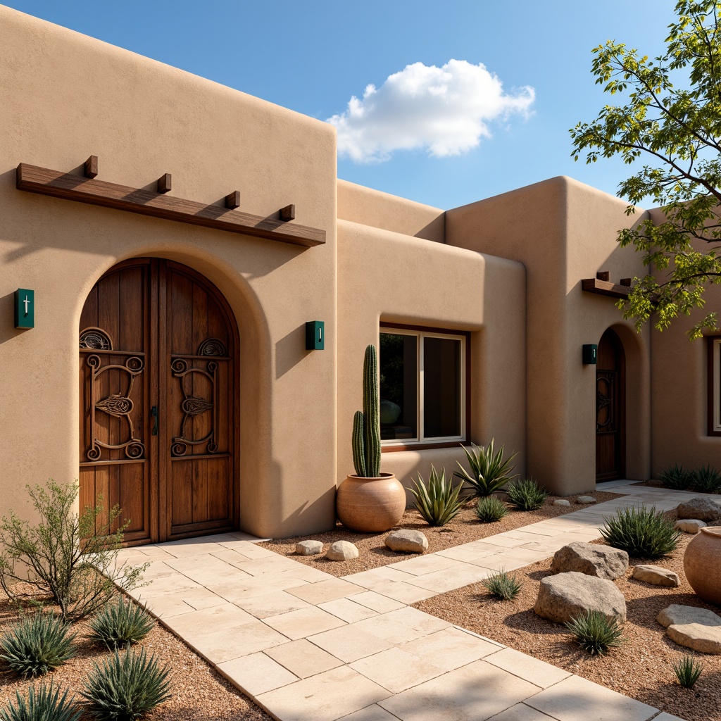 Prompt: Adobe earth tone walls, rustic wooden doors, ornate metalwork, vibrant turquoise accents, geometric patterned tiles, stucco finishes, curved archways, clay roof tiles, desert landscaping, cacti plants, sandy terrain, warm sunny day, soft natural lighting, shallow depth of field, 3/4 composition, panoramic view, realistic textures, ambient occlusion, intricate wooden carvings, colorful woven textiles, Southwestern-inspired pottery, natural stone flooring, earthy color palette.