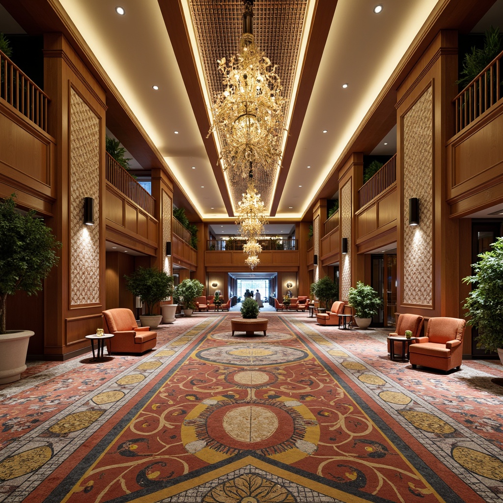 Prompt: Elegant hotel lobby, intricate mosaic patterns, durable ceramic tiles, vibrant color accents, luxurious carpeting, plush area rugs, statement lighting fixtures, grand chandelier, opulent furnishings, sophisticated ambiance.