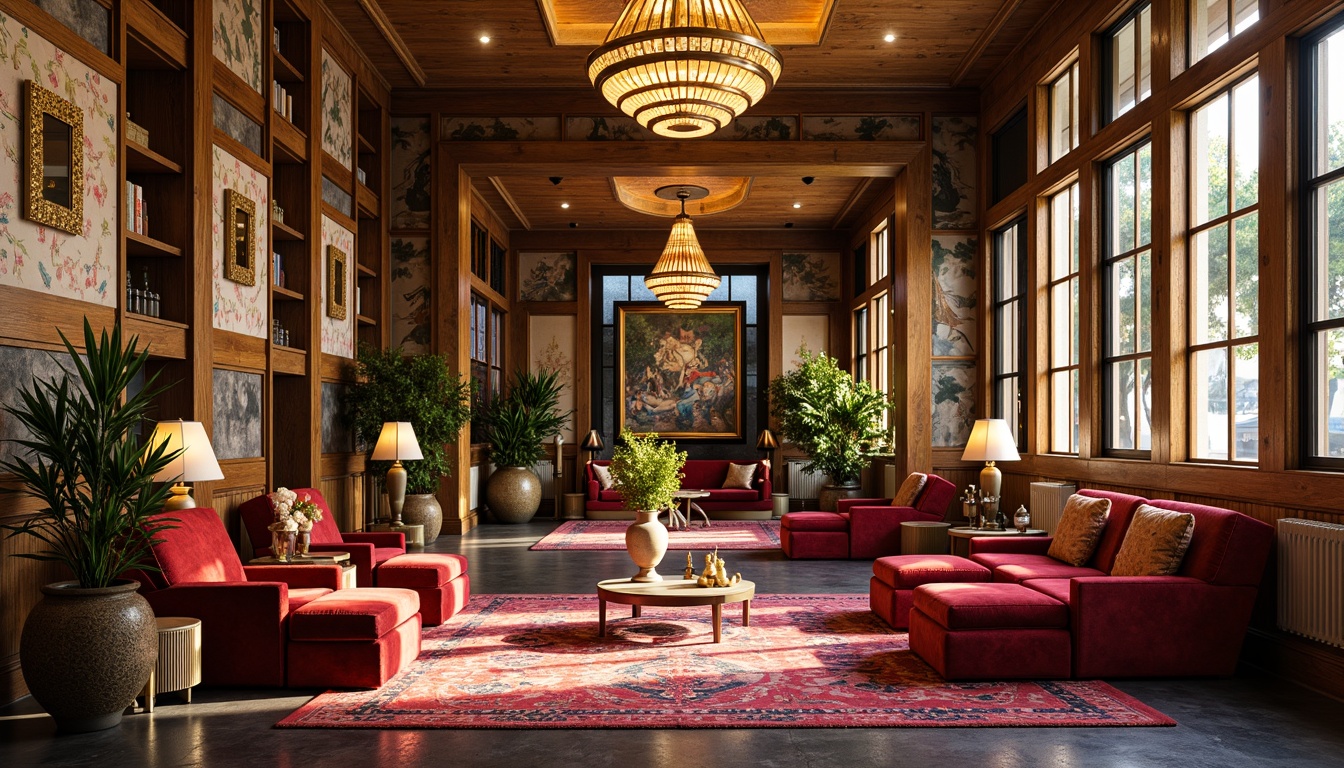 Prompt: Vibrant eclectic hotel lobby, bold geometric patterns, rich velvet fabrics, luxurious metallic accents, whimsical murals, statement lighting fixtures, distressed wood paneling, plush area rugs, jewel-toned armchairs, oversized ornate mirrors, playful color blocking, warm golden lighting, 1/1 composition, shallow depth of field, realistic textures, ambient occlusion.