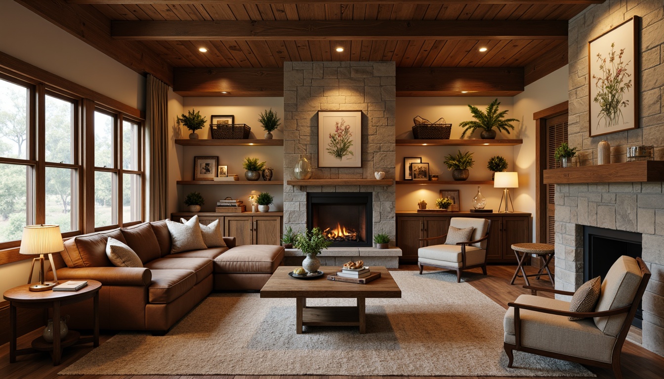 Prompt: Cozy family room, earthy tone walls, wooden accents, natural stone fireplace, plush sectional sofa, vintage armchairs, woven baskets, distressed wood coffee table, soft warm lighting, warm beige carpet, natural fiber rugs, botanical prints, nature-inspired artwork, warm golden lamps, rustic metal decor, reclaimed wood shelves, earthy brown leather upholstery, rich wood tones, comfortable pillows, warm color scheme, inviting atmosphere, 3/4 composition, shallow depth of field.