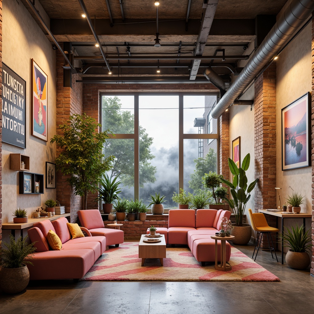 Prompt: Vibrant art studio, modern interior design, pastel color scheme, soft gradient effects, natural wood accents, bold typography, eclectic artwork, cozy reading nooks, warm task lighting, industrial metal fixtures, exposed brick walls, urban loft atmosphere, atmospheric misty background, 1/2 composition, dramatic shadows, rich textures, ambient occlusion.