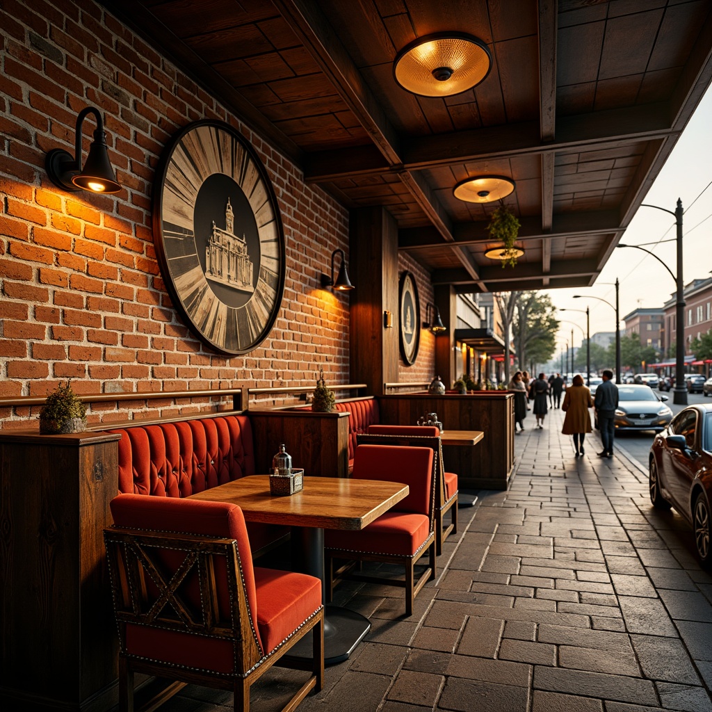 Prompt: Vibrant restaurant interior, rich wood textures, distressed brick walls, eclectic vintage decor, ornate metal fixtures, plush velvet upholstery, bold geometric patterns, warm golden lighting, shallow depth of field, 1/1 composition, cinematic atmosphere, realistic reflections, ambient occlusion, bustling city street, evening ambiance, soft jazz music, aromatic food scents.