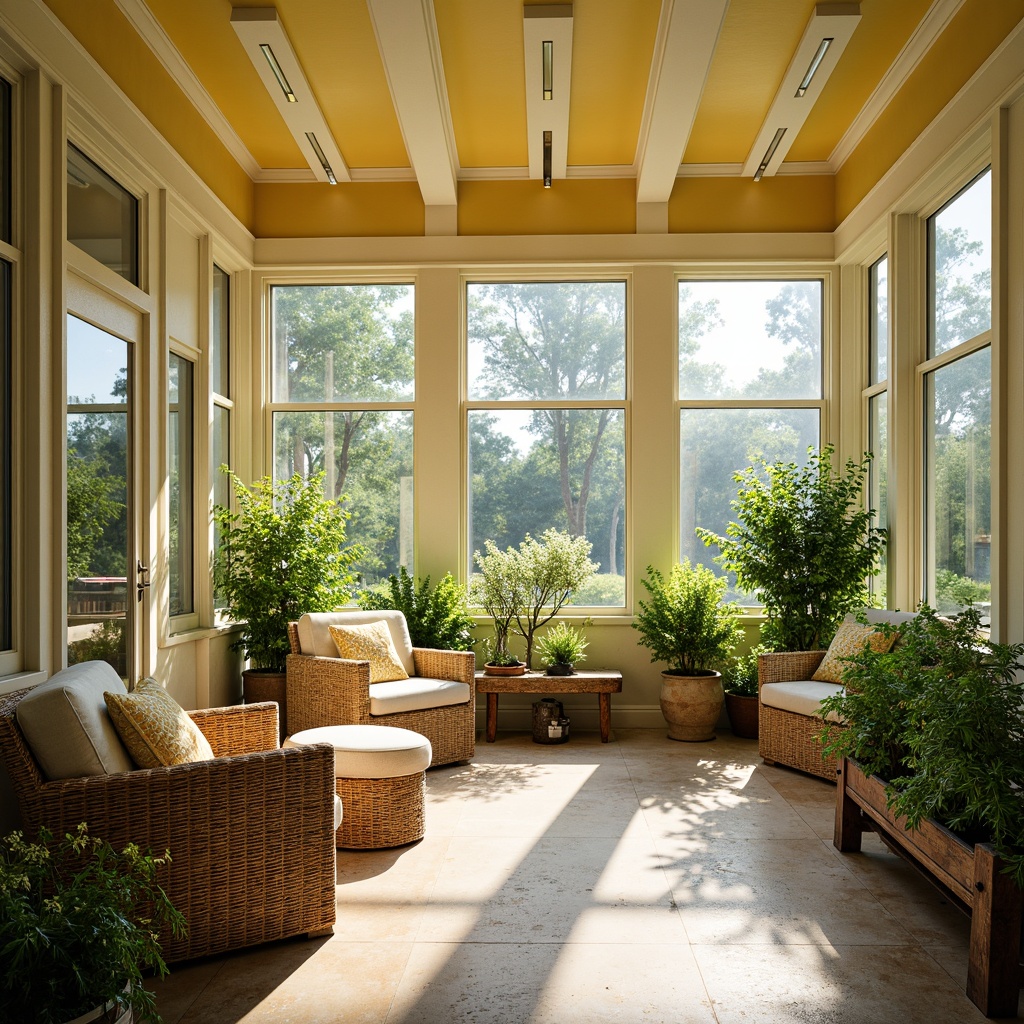 Prompt: Vibrant sunroom, warm natural light, airy atmosphere, lush greenery, blooming flowers, bright yellow accents, soft cream walls, rich wood tones, comfortable wicker furniture, plush cushions, calming blue undertones, serene ambiance, large windows, sliding glass doors, outdoor views, tropical plants, warm beige flooring, subtle texture patterns, cozy reading nooks, refreshing morning light, warm afternoon sunbeams.