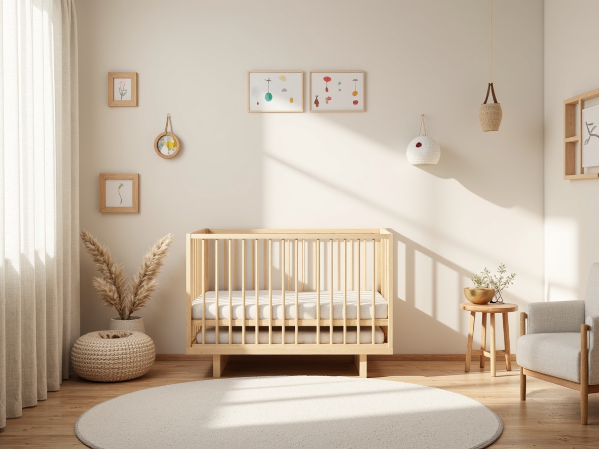 Prompt: Soft pastel colors, gentle wooden accents, minimalist crib, simple mobiles, delicate floral patterns, cream-colored walls, subtle texture rugs, rounded furniture edges, calming atmosphere, warm natural light, 1/1 composition, shallow depth of field, soft focus effect, realistic fabric textures, ambient occlusion.