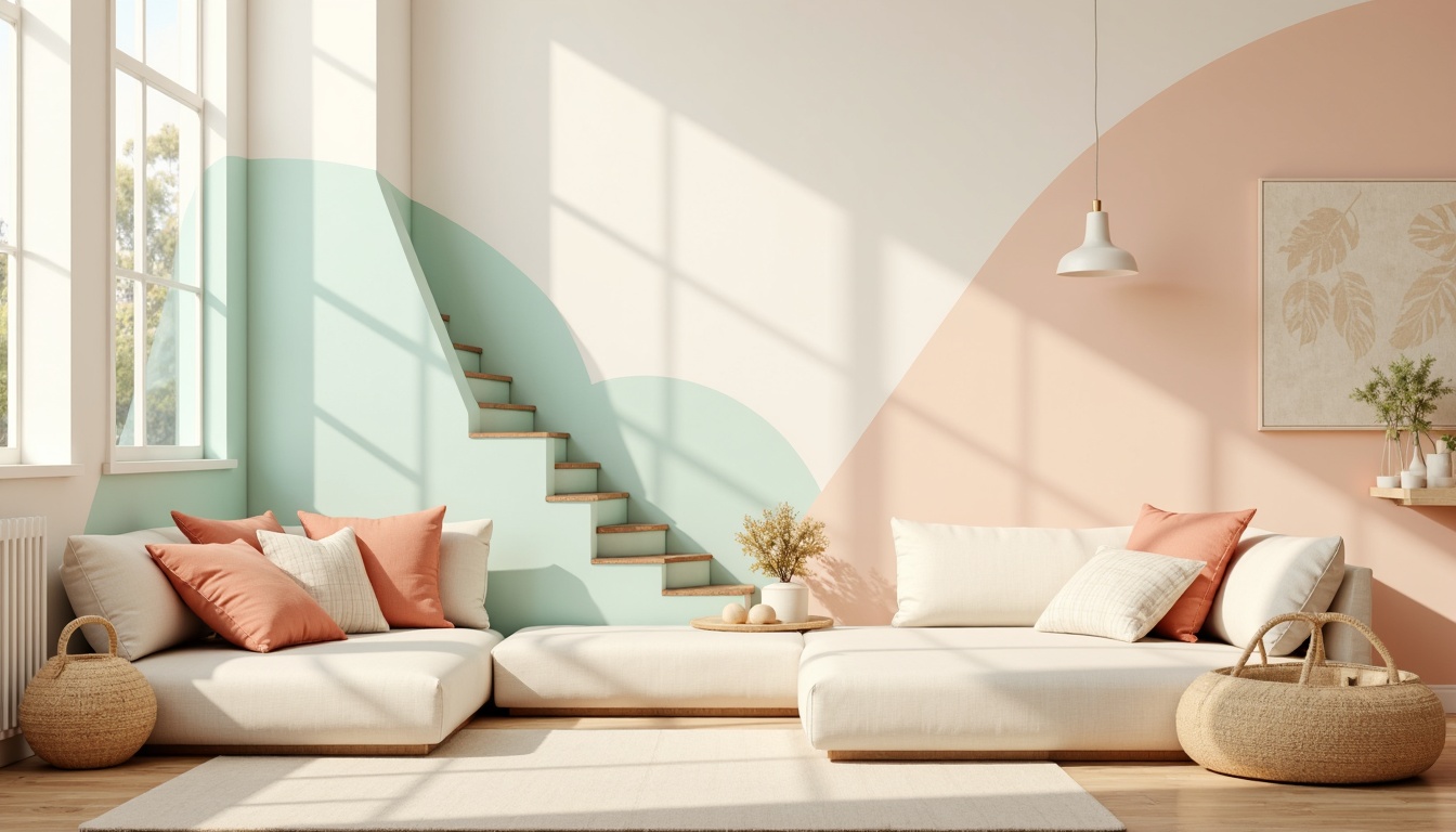 Prompt: Soft peach tones, gentle mint hues, creamy whites, warm beige accents, rich turquoise highlights, subtle golden undertones, natural wood textures, organic shapes, effortless elegance, minimalist chic, calming atmosphere, soft focus, shallow depth of field, 1/1 composition, panoramic view, realistic renderings, ambient occlusion.