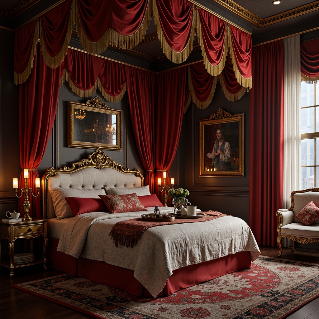 Prompt: Opulent boudoir, velvet drapes, golden tassels, intricate lace patterns, rich satin fabrics, soft silk upholstery, Baroque-inspired furniture, ornate mirrors, gilded frames, luxurious throw pillows, plush area rugs, crystal chandeliers, warm candlelight, intimate ambiance, 1/1 composition, shallow depth of field, realistic textures, ambient occlusion.