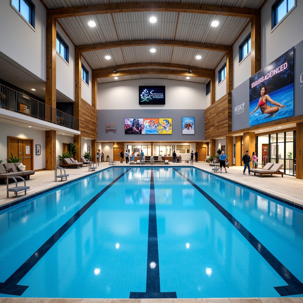 Prompt: Academic institution, indoor swimming pool, rectangular shape, lap lanes, diving boards, starting blocks, spectator seating, wooden bleachers, stainless steel handrails, modern LED lighting, concrete floors, tile walls, aquatic themed murals, trophy displays, swim team logos, scoreboards, electronic timing systems, underwater viewing windows, glass partitions, natural stone accents, comfortable lounge chairs, rustic wood benches, athletic equipment storage, pool deck showers, water feature installations, calming blue color scheme, softbox lighting, 1/2 composition, medium depth of field.