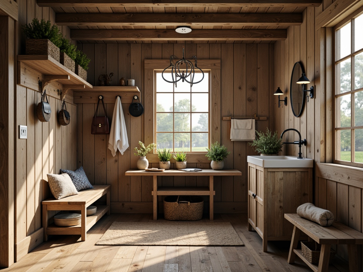 Prompt: Cozy mudroom, rustic wooden bench, woven baskets, vintage-inspired hooks, natural fiber rugs, earthy color palette, warm overhead lighting, functional shelving units, decorative metal accents, industrial-chic storage bins, soft-close cabinetry, farmhouse-style sink station, distressed wood finishes, greenery-adorned walls, minimalist decor, soft focus photography, 1/2 composition, atmospheric shadows, realistic textures.