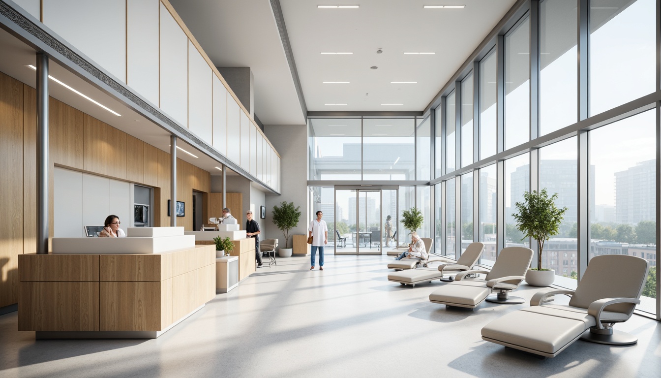 Prompt: Minimalist healthcare center, sleek metal frames, curved lines, calming white tones, natural wood accents, ergonomic furniture, adjustable lighting systems, comfortable waiting areas, modern nurse stations, futuristic medical equipment, stainless steel surfaces, hygienic materials, automated sliding doors, open floor plans, airy atriums, abundant natural light, soft shadows, shallow depth of field, 1/1 composition, realistic textures, ambient occlusion.