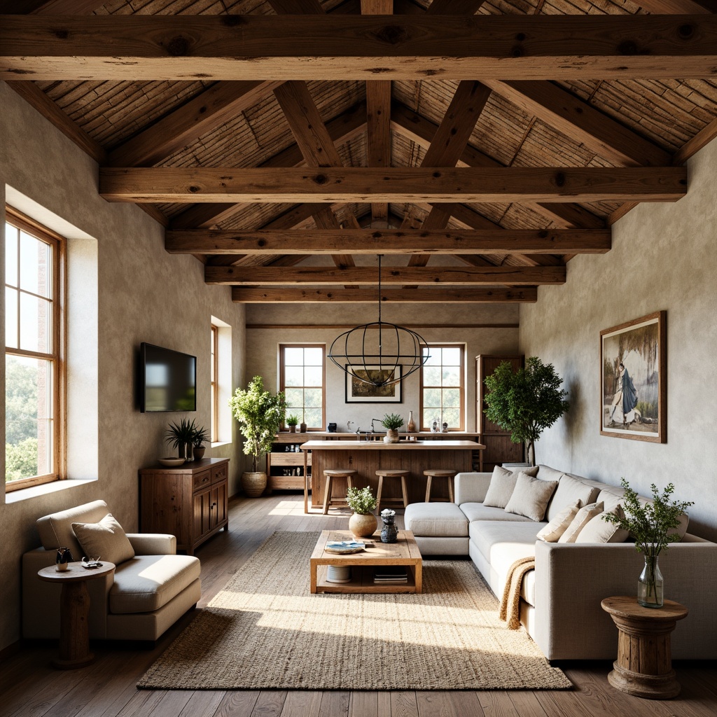 Prompt: Rustic wooden beams, distressed textures, earthy tones, natural materials, cozy atmosphere, warm lighting, vintage decor, traditional architecture, exposed ceiling, open-plan living space, minimal ornamentation, industrial chic, modern farmhouse style, reclaimed wood, weathered finishes, organic shapes, free-flowing layout, airy ambiance, soft focus, shallow depth of field, 1/1 composition, realistic rendering.