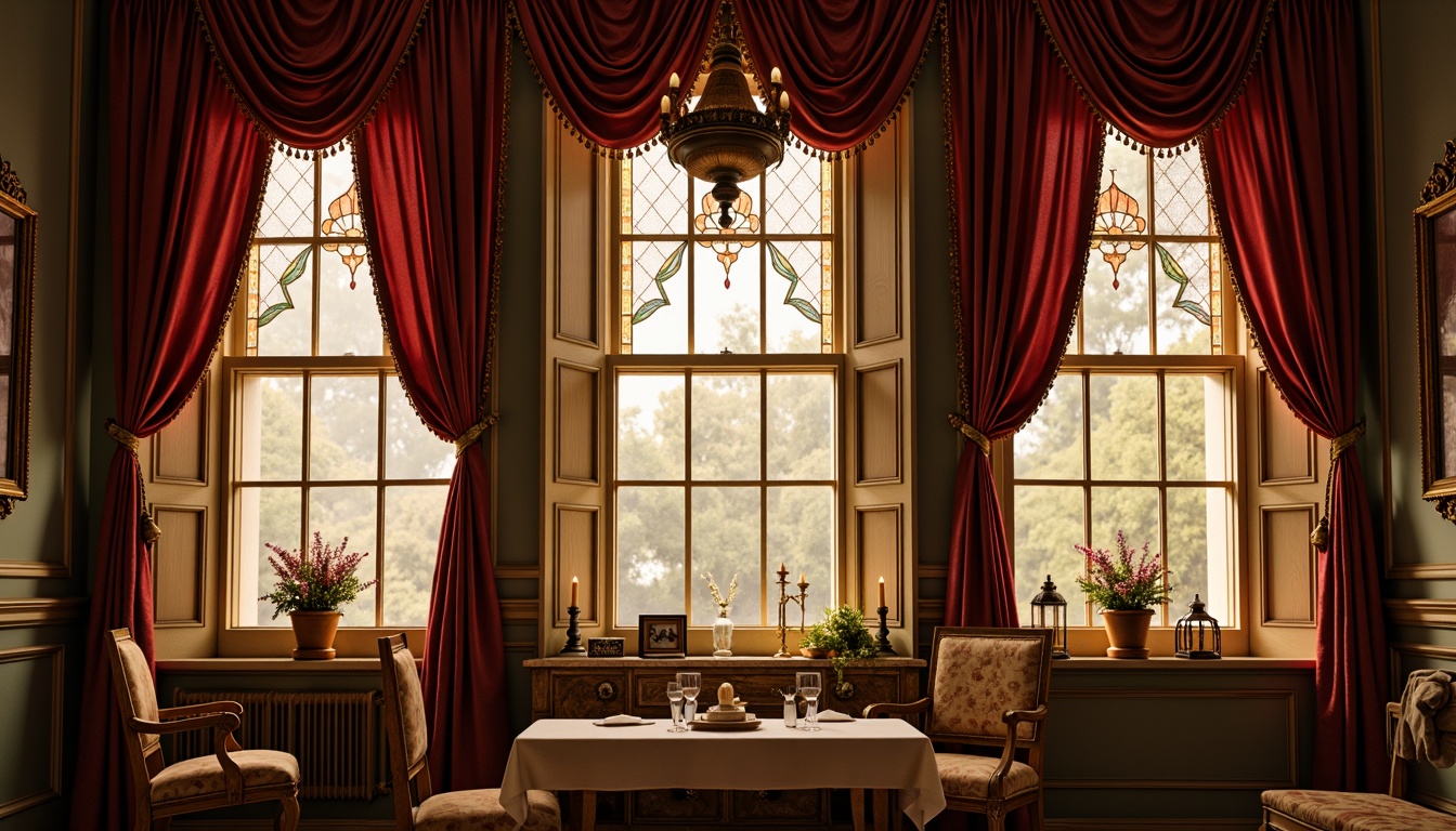 Prompt: Luxurious velvet drapes, intricately patterned lace curtains, ornate wooden shutters, stained glass windows, richly colored taffeta fabrics, heavily layered window treatments, opulent silk swags, delicate floral patterns, vintage hardware fixtures, distressed wood accents, warm golden lighting, soft romantic ambiance, 1/1 composition, intimate close-up shot, realistic fabric textures, subtle depth of field.