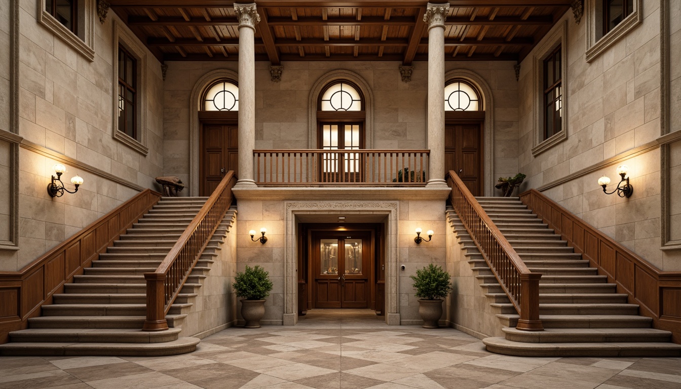 Prompt: Historic courthouse building, traditional vernacular style, natural stone fa\u00e7ade, granite columns, ornate wooden doors, rusticated stonework, symmetrical composition, grand entrance staircase, high ceilings, decorative moldings, rich wood paneling, classic lanterns, warm beige color scheme, soft ambient lighting, shallow depth of field, 1/2 composition, realistic textures, subtle weathering effects.