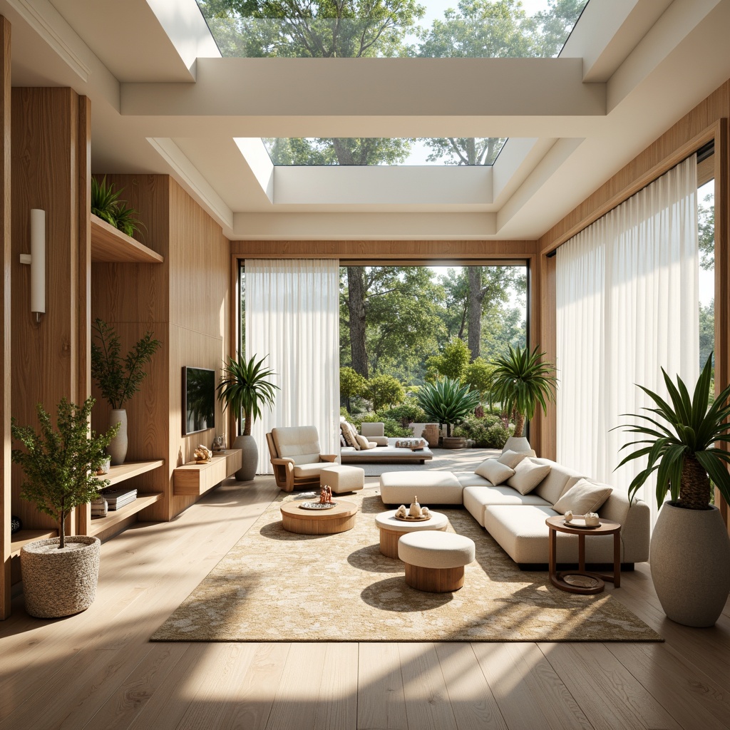 Prompt: Bright airy interior, large windows, sliding glass doors, minimalist decor, natural wood accents, earthy tone color palette, lush greenery, potted plants, sheer curtains, soft diffused lighting, warm beige tones, organic shapes, flowing curves, open floor plan, high ceilings, clerestory windows, skylights, ambient illumination, 1/1 composition, shallow depth of field, realistic textures, atmospheric perspective.