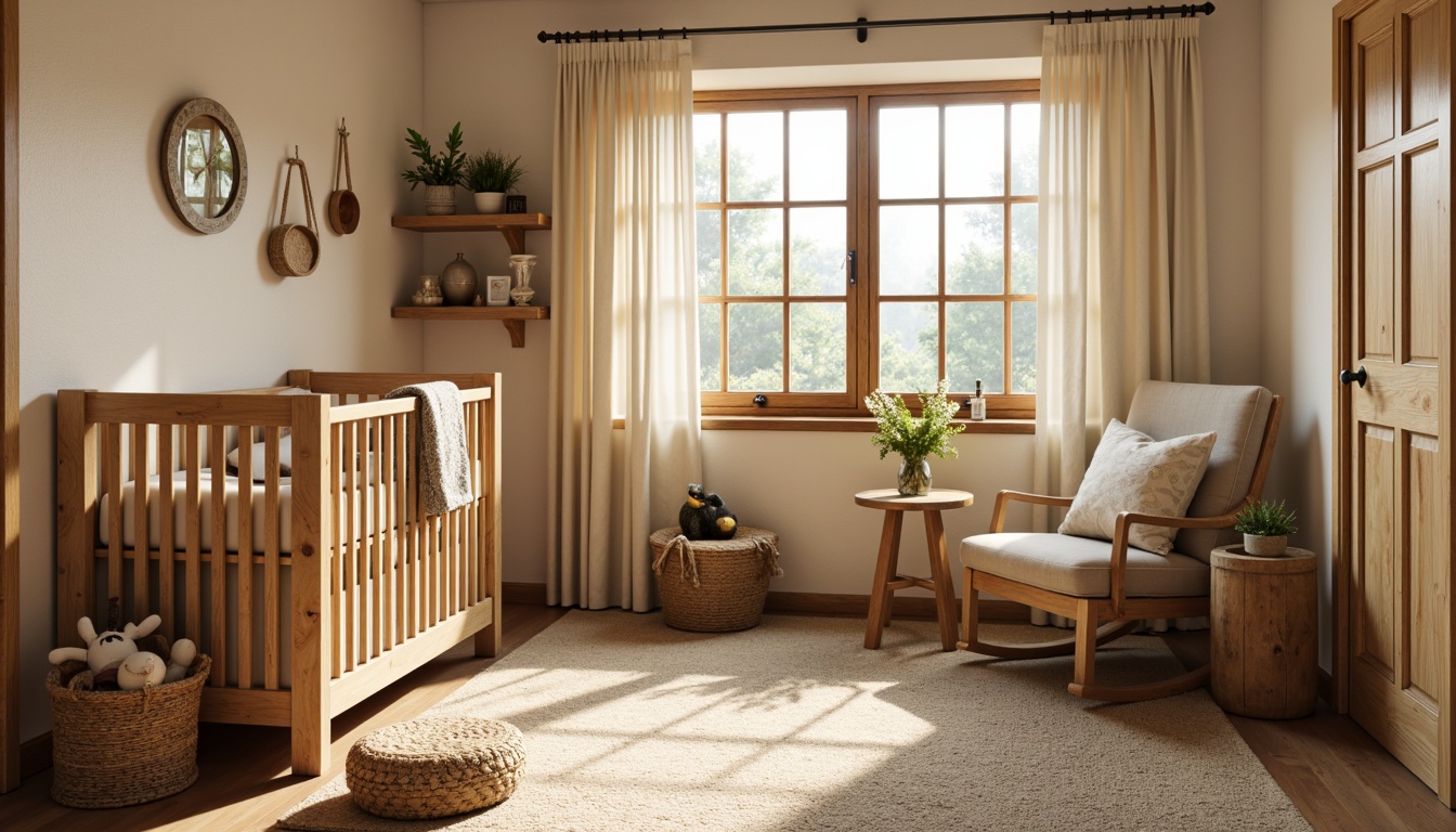 Prompt: Rustic baby room, wooden crib, vintage-inspired furniture, natural oak wood, soft cream-colored walls, warm beige carpet, plush toys, traditional rocking chair, distressed wood accents, antique metal hardware, cozy reading nook, softbox lighting, shallow depth of field, 1/1 composition, intimate atmosphere, earthy color palette, natural textiles, woven baskets, nature-inspired decorative elements, sunny afternoon light, gentle shadows.