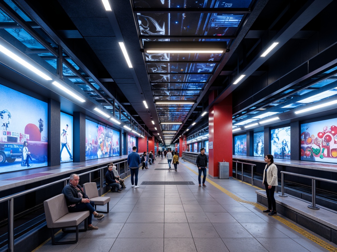 Prompt: Modern metro station, sleek urban architecture, futuristic design elements, LED light installations, dynamic visual displays, geometric patterned walls, metallic finishes, reflective surfaces, vibrant color schemes, abstract murals, urban artwork, bustling city atmosphere, natural stone flooring, stainless steel handrails, comfortable seating areas, ample lighting, shallow depth of field, 3/4 composition, panoramic view, realistic textures, ambient occlusion.