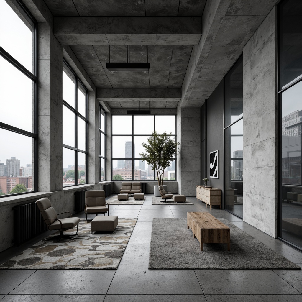 Prompt: Monochromatic brutalist office, raw concrete walls, industrial metal beams, minimal decor, cold grey tones, stark white accents, bold black lines, rugged stone flooring, geometric patterned rugs, angular wooden furniture, functional lighting fixtures, urban cityscape views, cloudy overcast day, high contrast ratio, shallow depth of field, 2/3 composition, realistic textures, ambient occlusion.