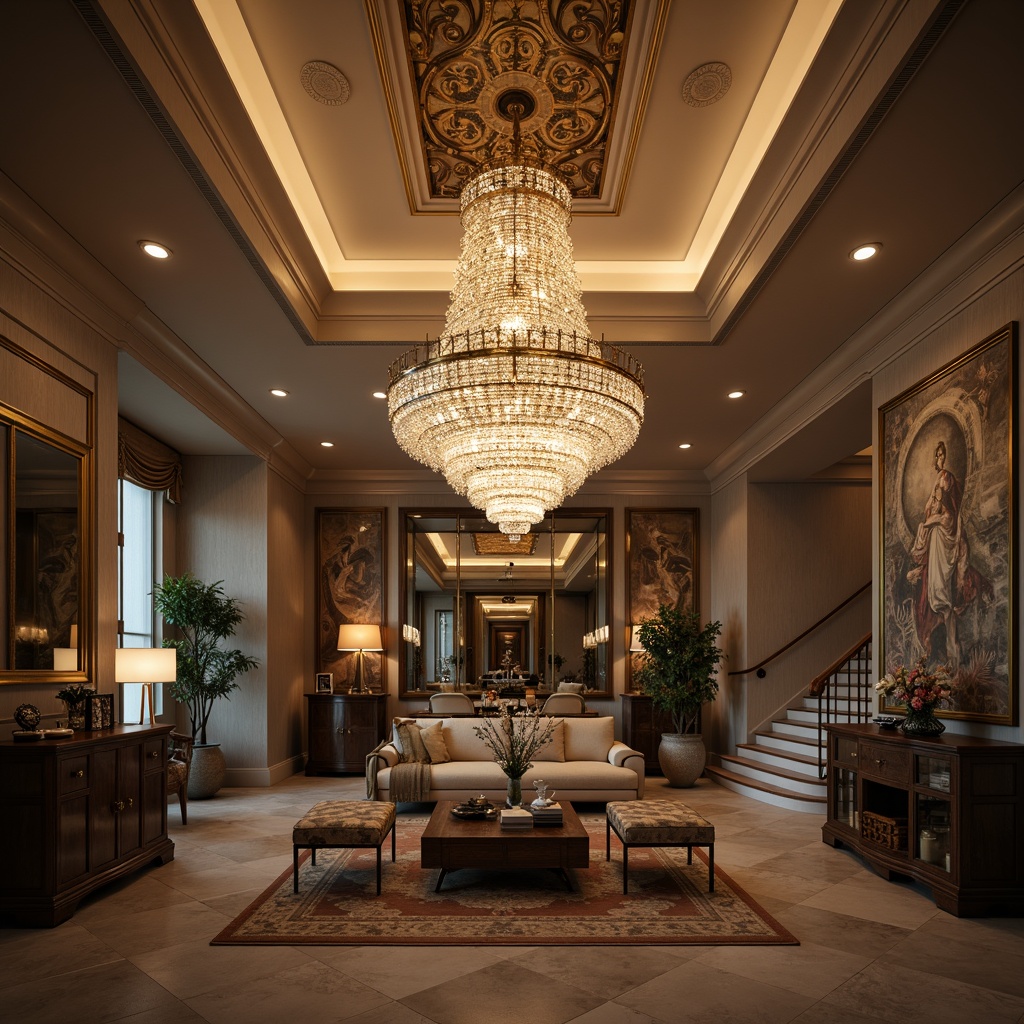 Prompt: Elegant chandelier, crystal droplets, soft warm glow, luxurious ambiance, refined metallic accents, ornate ceiling details, sophisticated living room, upscale residence, lavish decor, grand foyer, sweeping staircase, opulent materials, velvety smooth textures, subtle color palette, ambient lighting, 1/1 composition, realistic reflections, dramatic high contrast.