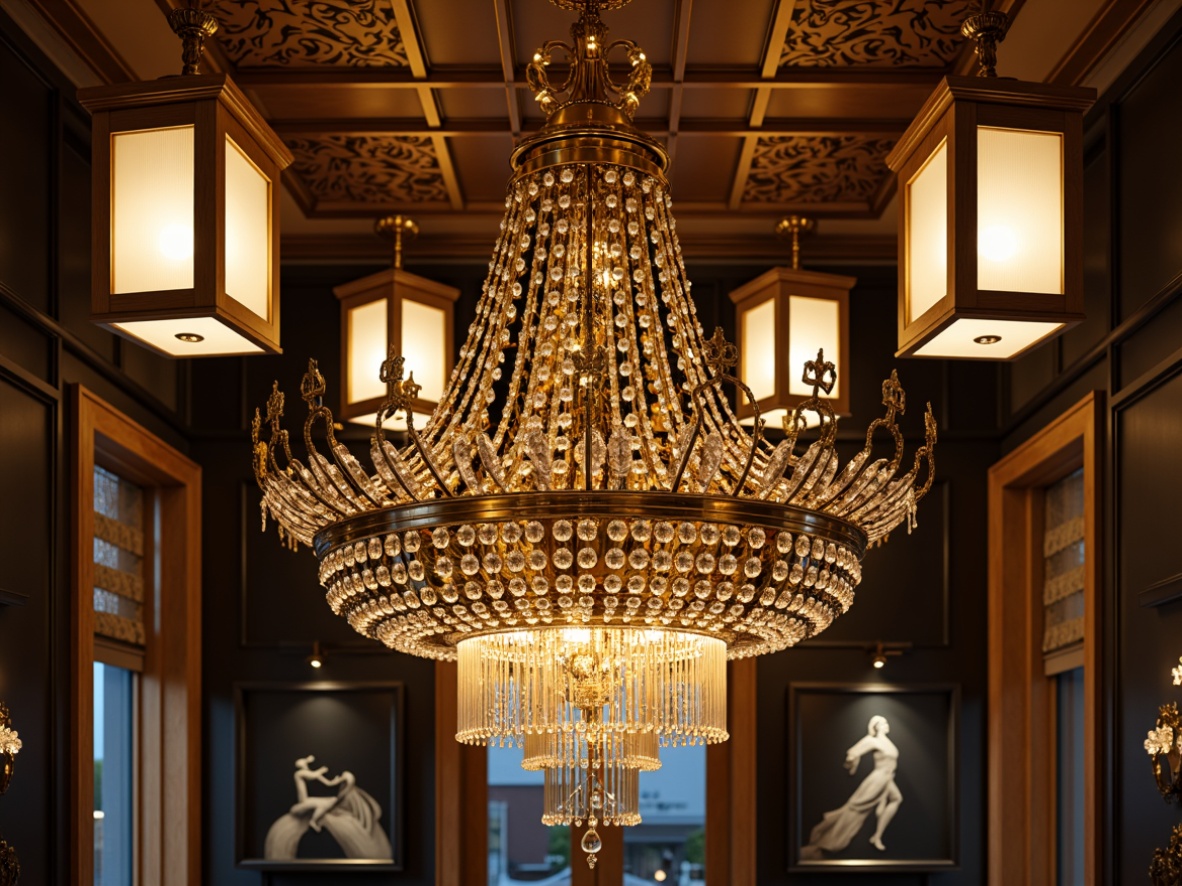 Prompt: Luxurious chandeliers, ornate metalwork, geometric patterns, lavish crystals, rich gold accents, opulent bronze finishes, stylized lamps, tiered fixtures, stepped silhouettes, bold lines, curved profiles, sunburst motifs, chevron details, zigzag patterns, luxurious fabrics, velvet textures, metallic sheens, warm ambient lighting, soft warm glows, 1/1 composition, realistic reflections, intricate metal inlays.