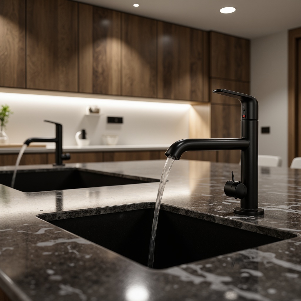 Prompt: Glossy modern kitchen, sleek sink basins, curved faucet designs, matte black finishes, touchless sensors, LED lighting, waterfall countertops, marble textures, minimalist cabinetry, wall-mounted installations, futuristic aesthetics, high-gloss reflections, shallow depth of field, 1/1 composition, soft warm lighting, realistic renderings.