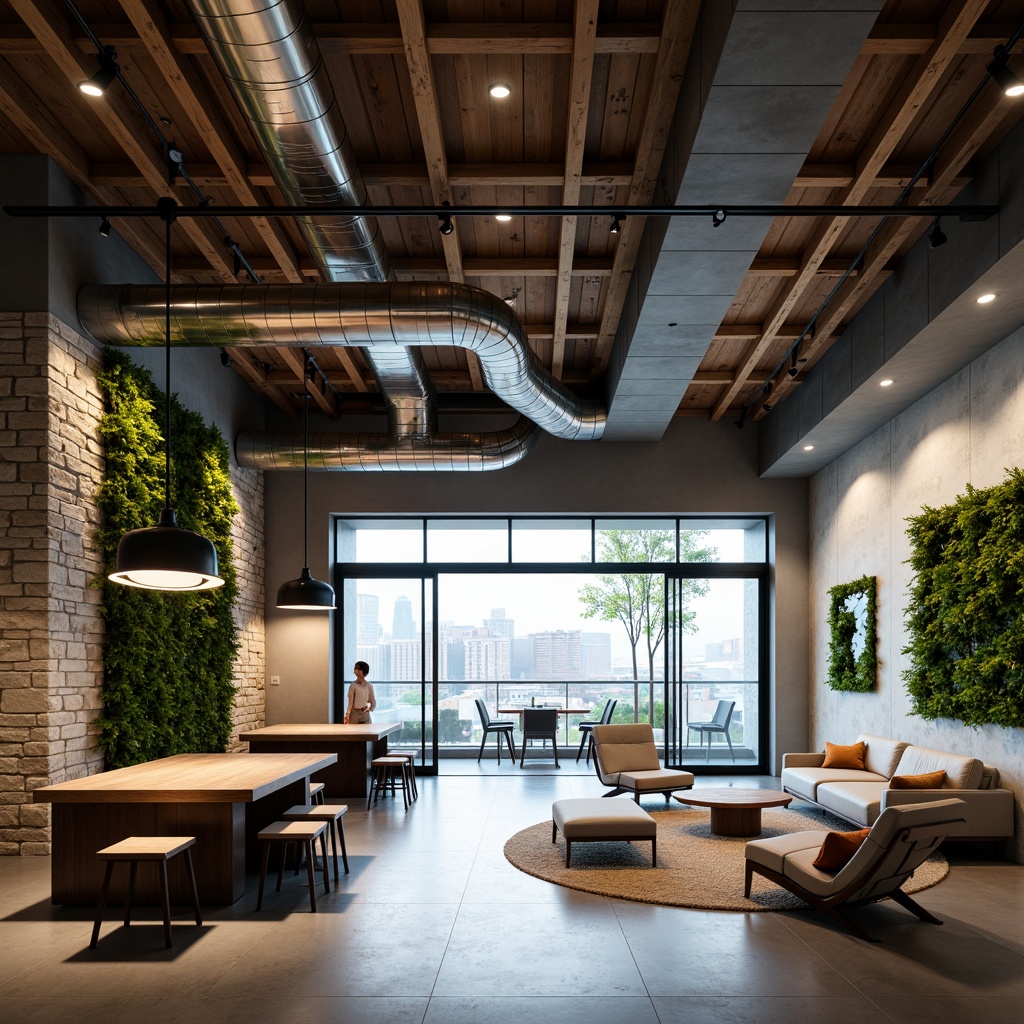 Prompt: Minimalist open space, industrial concrete floors, exposed ductwork, sleek metal beams, reclaimed wood accents, modern pendant lights, cozy lounge seating, greenery walls, natural stone features, urban cityscape views, large glass windows, sliding doors, soft warm lighting, shallow depth of field, 1/1 composition, realistic textures, ambient occlusion.