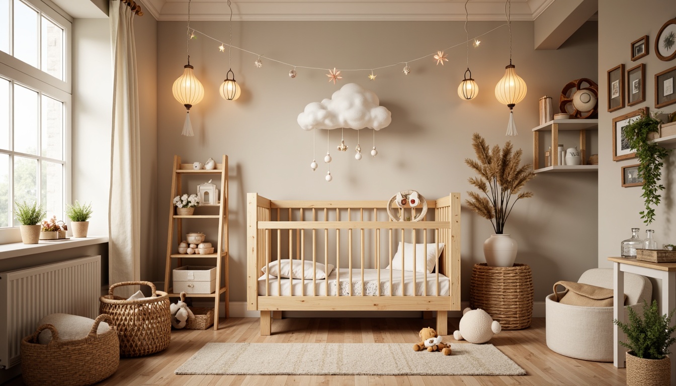 Prompt: Cozy baby room, warm wooden crib, soft pastel colors, gentle lanterns, string lights, plush toys, woven baskets, natural fiber rugs, vintage decorative items, distressed wood furniture, earthy tones, warm beige walls, creamy white trim, rustic metal fixtures, whimsical mobiles, cloud-shaped ceiling decorations, delicate floral patterns, subtle texture overlays, shallow depth of field, softbox lighting, 1/2 composition, inviting atmosphere.