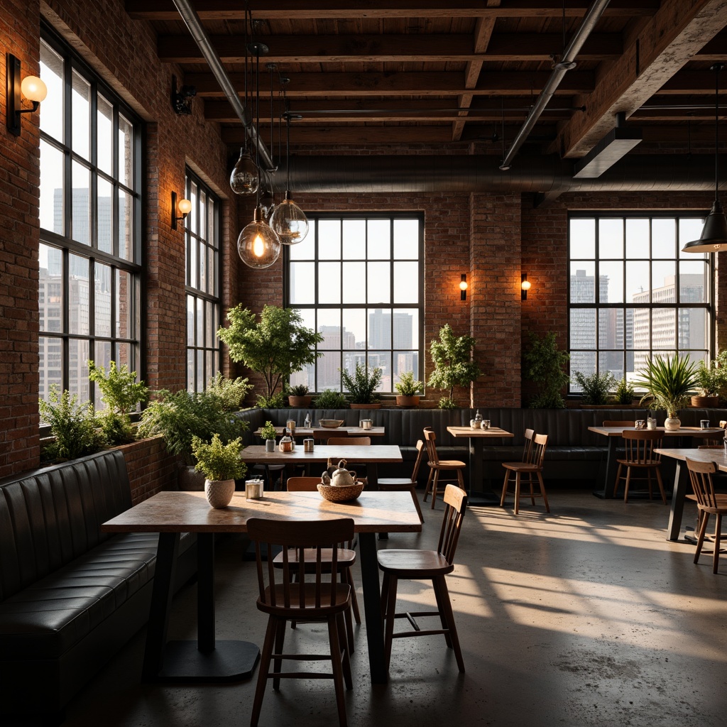 Prompt: Industrial breakfast nook, metallic tables, rustic wooden chairs, exposed brick walls, concrete floors, vintage industrial lighting fixtures, Edison bulbs, metal shades, warm golden lighting, soft ambient glow, natural light pouring in, large windows, cityscape views, urban atmosphere, moody color palette, dramatic shadows, high contrast ratio, 1/2 composition, shallow depth of field, realistic textures, ambient occlusion.