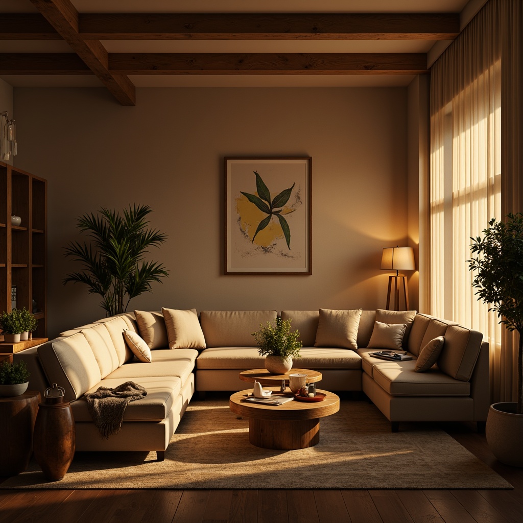 Prompt: Cozy living room, warm golden lighting, table lamps, floor lamps, pendant lights, soft shades, natural textiles, plush furniture, earthy color palette, rustic wood accents, comfortable seating, intimate atmosphere, relaxing ambiance, warm beige tones, gentle glow, subtle shadows, 1/2 composition, soft focus, realistic rendering.