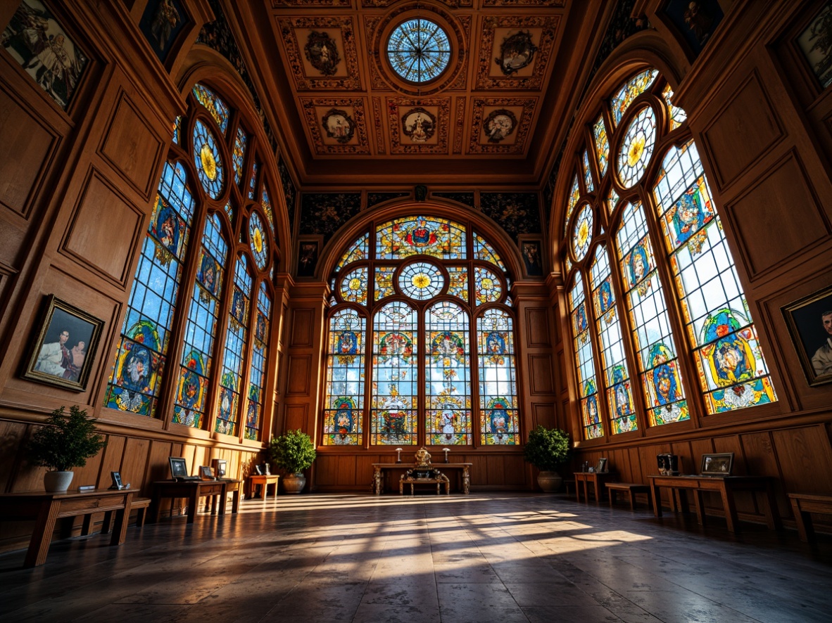 Prompt: Intricate stained glass windows, vibrant colors, ornate floral patterns, curved lines, organic forms, Art Nouveau architecture, luxurious decorations, opulent interiors, grandiose ceilings, ornamental details, symmetrical compositions, warm soft lighting, shallow depth of field, 3/4 composition, panoramic view, realistic textures, ambient occlusion.