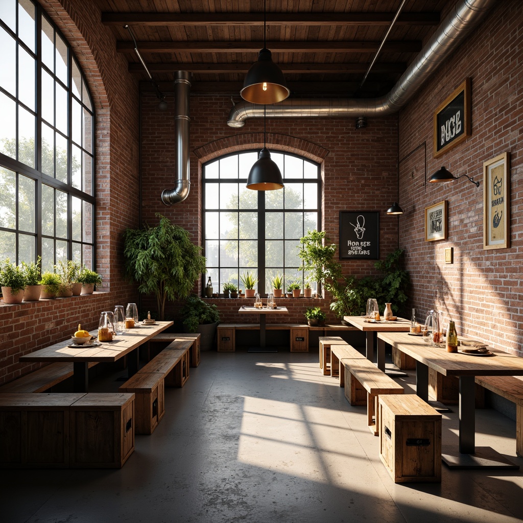 Prompt: Industrial breakfast nook, exposed brick walls, metal beams, wooden crates, rustic decor, pendant lamps, warm soft lighting, cozy atmosphere, morning sunlight, large windows, minimalist design, steel tables, reclaimed wood benches, industrial-style chairs, vintage metal signs, Edison bulbs, matte black fixtures, subtle shadows, 3/4 composition, realistic textures, ambient occlusion.