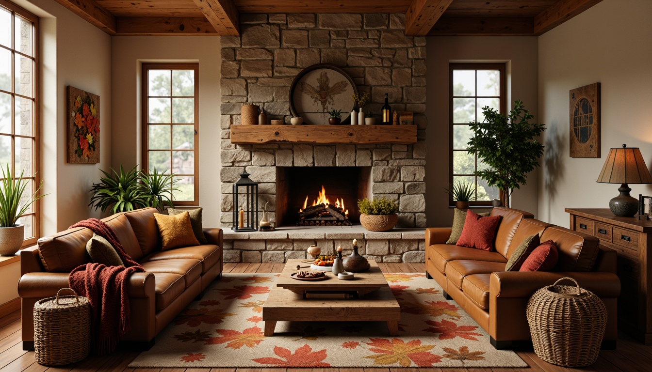 Prompt: Cozy family room, rustic wood accents, earthy tone color palette, warm beige walls, comfortable brown leather sofas, natural stone fireplace, woven wicker furniture, soft candlelight, vintage metal lanterns, distressed wooden coffee tables, plush throw blankets, autumnal leaf patterns, rich terracotta flooring, organic texture, shallow depth of field, 2/3 composition, warm golden lighting, realistic wood grain details.