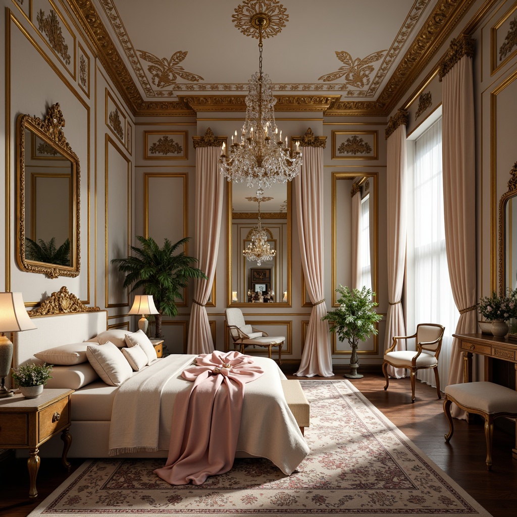 Prompt: Opulent boudoir, lavish furnishings, intricately carved moldings, gilded details, ornate mirrors, crystal chandeliers, soft velvet drapes, delicate lace fabrics, pastel color palette, subtle sheen, warm candlelight, 1/1 composition, shallow depth of field, romantic atmosphere, French Renaissance inspiration, curved lines, asymmetrical balance, luxurious textiles, richly patterned rugs, antique furniture pieces, distressed finishes, vintage accessories.