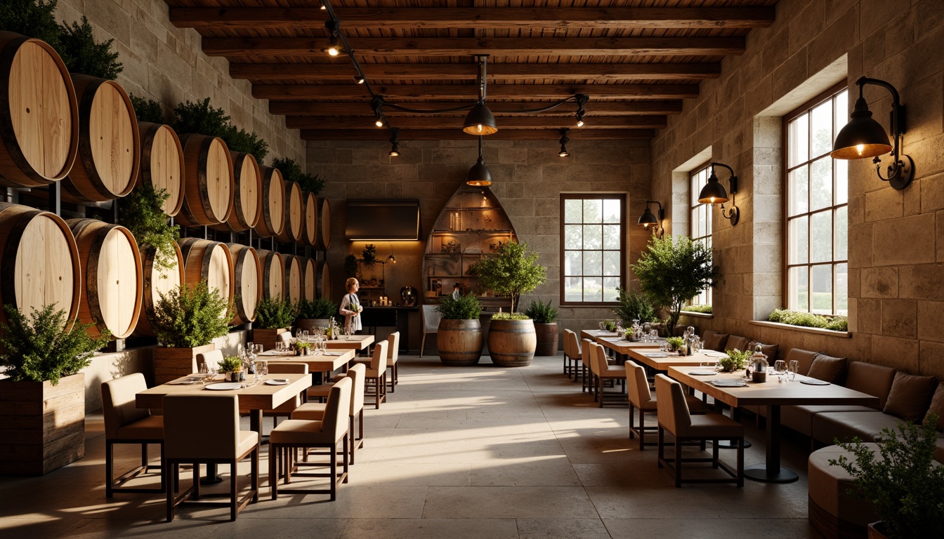 Prompt: Rustic winery interior, wooden barrels, vintage wine-making equipment, dimmable pendant lights, industrial metal fixtures, warm candlelight, soft ambient glow, earthy color palette, natural stone walls, reclaimed wood accents, cozy lounge seating, intimate dinner settings, rustic-chic decor, suspended lanterns, distressed metal shades, warm beige tones, afternoon sunlight, shallow depth of field, 1/2 composition, realistic textures, ambient occlusion.