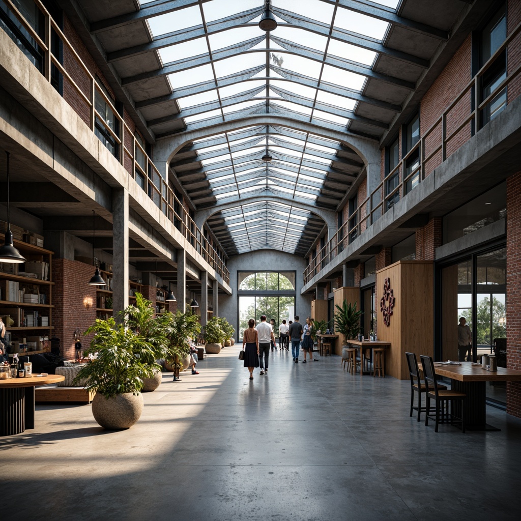 Prompt: Industrial warehouse setting, modern streamline style, sleek glass features, transparent rooflights, steel beams, exposed brick walls, polished concrete floors, minimalist decor, industrial metal lamps, functional shelving units, rustic wooden accents, natural light pouring in, soft warm ambiance, shallow depth of field, 3/4 composition, panoramic view, realistic reflections, ambient occlusion.