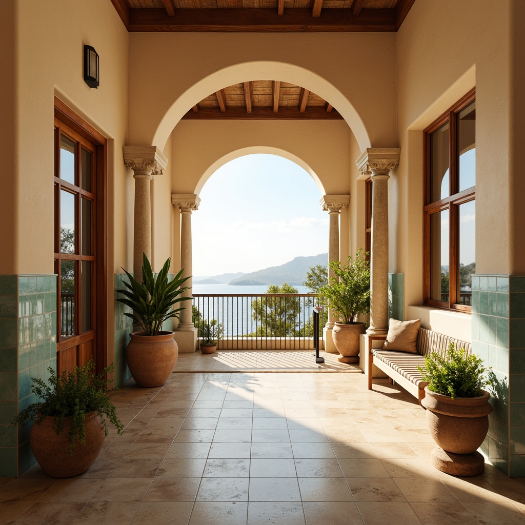 Prompt: Warm beige walls, creamy marble floors, rich walnut wood accents, turquoise blue decorative tiles, soft golden lighting, natural stone columns, airy vaulted ceilings, lush greenery planters, earthy terracotta pots, rustic metal railings, warm sandy tones, calming ocean views, serene ambiance, 1/1 composition, realistic textures, ambient occlusion.