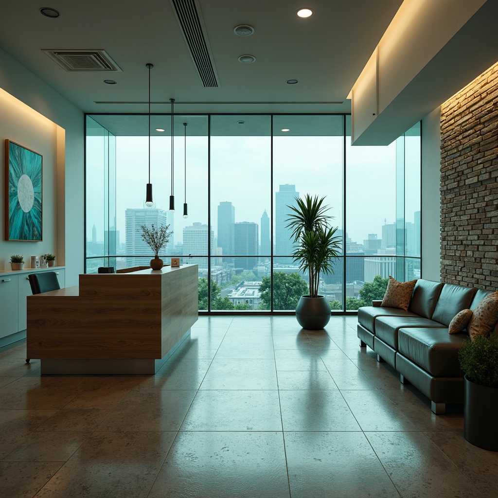 Prompt: Modern dental clinic, sleek reception desk, minimalist waiting area, calming ambient lighting, soft blue-green color scheme, natural stone flooring, wooden accents, floor-to-ceiling windows, cityscape views, 3/4 composition, shallow depth of field, realistic textures, subtle shadows.