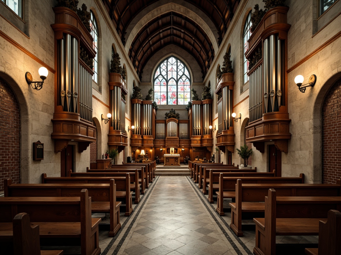 Prompt: Intricate stone carvings, ornate wooden pews, vibrant stained glass windows, grand pipe organs, solemn altars, dramatic archways, rustic brick walls, polished marble floors, soft warm lighting, shallow depth of field, 3/4 composition, panoramic view, realistic textures, ambient occlusion, sacred atmosphere, peaceful ambiance, reverent silence.