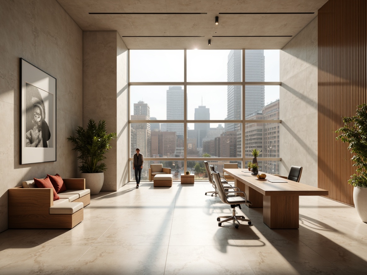 Prompt: Minimalist bank interior, open space concept, sleek marble floors, modern wooden desks, stainless steel chairs, abstract art pieces, subtle branding elements, soft warm lighting, shallow depth of field, 3/4 composition, panoramic view, realistic textures, ambient occlusion, natural stone walls, floor-to-ceiling windows, urban cityscape views, morning sunlight, gentle shadows, calm atmosphere.