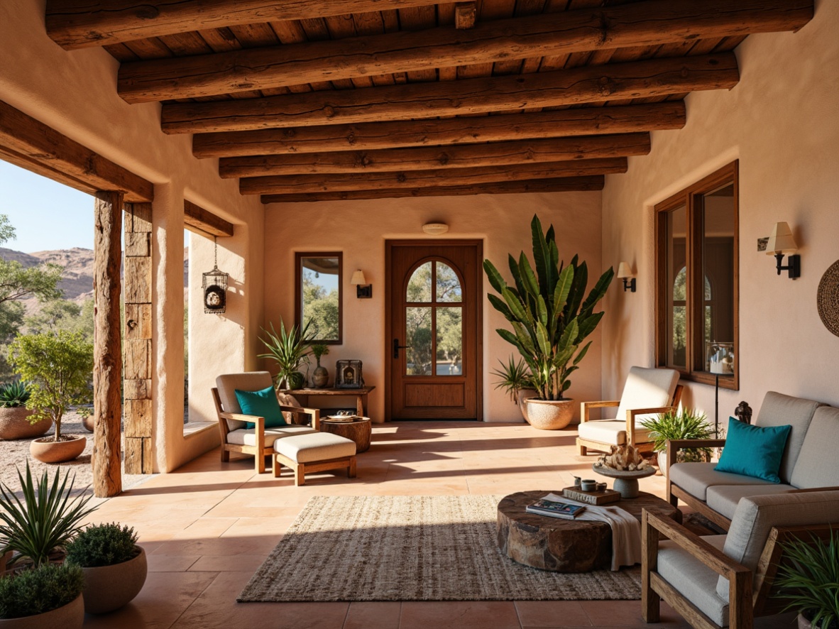 Prompt: Southwestern adobe style home, warm earthy tones, wood accents, reclaimed wooden beams, natural stone walls, terra cotta floors, vibrant turquoise decor, woven textiles, hand-carved wooden furniture, rustic metal details, desert botanicals, cacti, succulents, warm sunny day, soft golden lighting, shallow depth of field, 2/3 composition, atmospheric perspective, realistic textures, ambient occlusion.