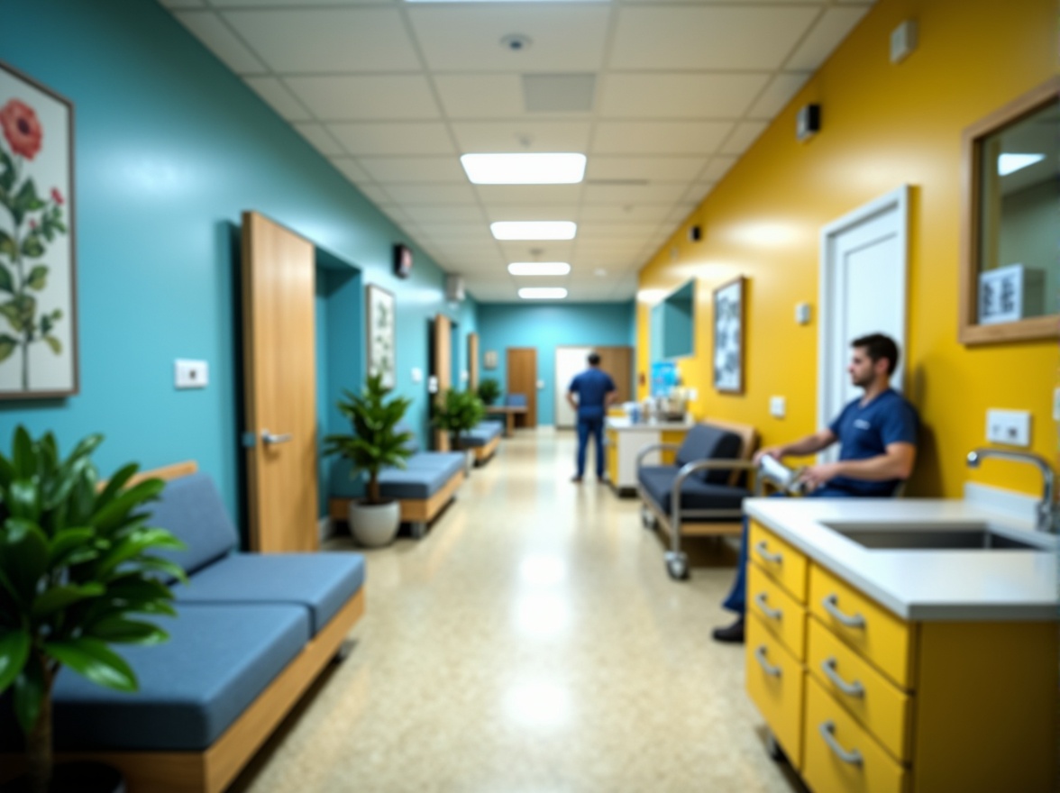 Prompt: Vibrant hospital corridors, calming blue accents, soothing green walls, natural wood furnishings, comfortable patient rooms, warm beige flooring, cheerful yellow nurse stations, modern medical equipment, sleek stainless steel surfaces, gentle ambient lighting, shallow depth of field, 1/1 composition, soft focus blur, realistic textures, subtle color grading.