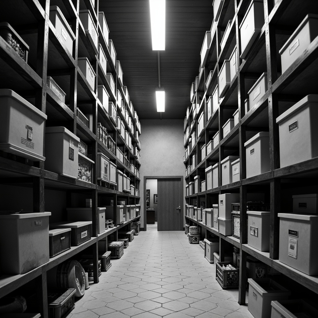 Prompt: Utilitarian storage room, industrial shelving units, metallic frames, polygonal containers, angular cabinets, triangular brackets, circular pipes, rectangular crates, hexagonal tiles, monochromatic color scheme, overhead lighting, 3/4 composition, shallow depth of field, softbox lighting, minimalist aesthetic, functional design, durable materials, modern architecture, urban loft style, open shelving, geometric patterns, abstract art pieces.