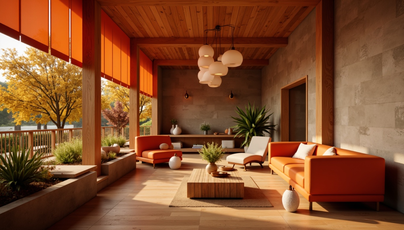 Prompt: Vibrant orange hues, warm terracotta accents, earthy brown undertones, soft creamy whites, rich wooden textures, natural stone backgrounds, cozy ambient lighting, shallow depth of field, 2/3 composition, realistic renderings, subtle gradient effects.