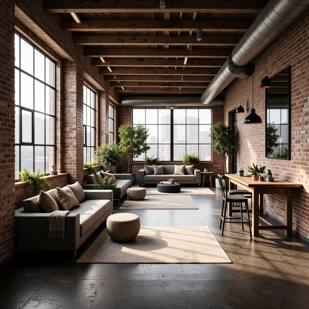 Prompt: Industrial chic loft space, exposed beams, wooden planks, brick walls, metal pipes, modern academic atmosphere, minimalist decor, abundant natural light, large windows, urban cityscape views, cozy reading nooks, comfortable sofas, rustic wooden tables, decorative pendant lamps, distressed finishes, earthy color palette, warm soft lighting, shallow depth of field, 3/4 composition, realistic textures, ambient occlusion.