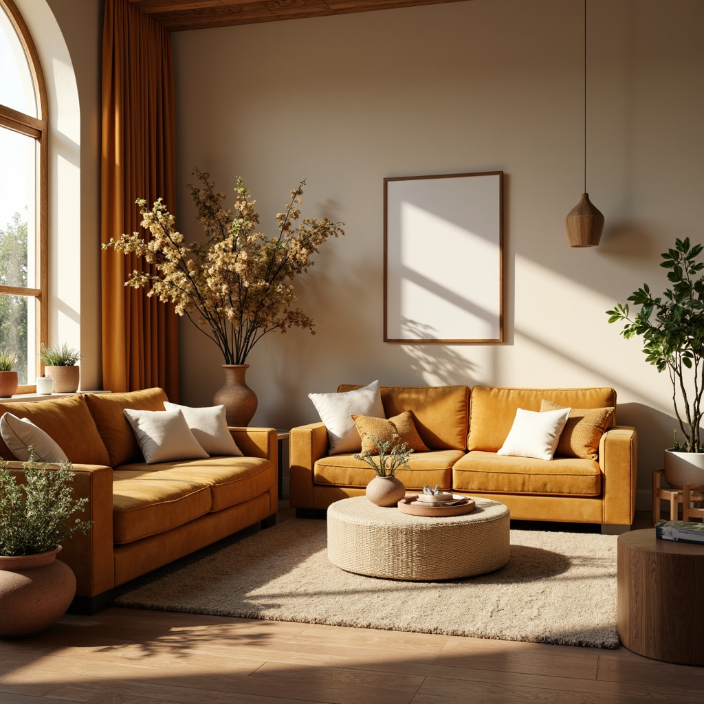 Prompt: Cozy living room, warm beige walls, plush velvet sofas, rustic wooden furniture, soft golden lighting, creamy white accents, natural fiber rugs, earthy terracotta vases, lush greenery, blooming flowers, calm atmosphere, 1/2 composition, shallow depth of field, realistic textures, ambient occlusion.