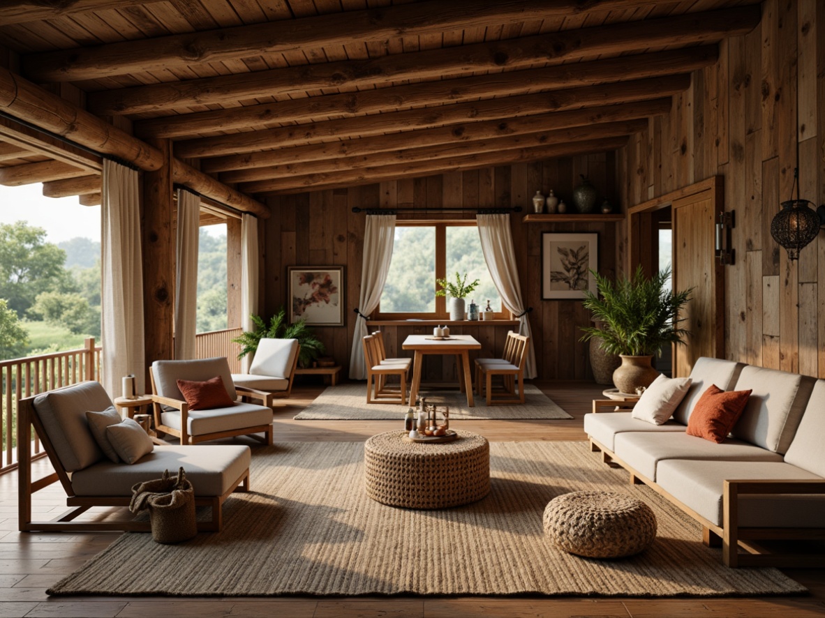 Prompt: Rustic wooden cabin, reclaimed wood accents, natural stone walls, earthy color palette, woven bamboo furniture, jute rugs, linen fabrics, wicker decorative elements, vintage metal fixtures, distressed finishes, warm candlelight, cozy atmosphere, blurred background, shallow depth of field, 1/2 composition, soft focus, realistic textures.