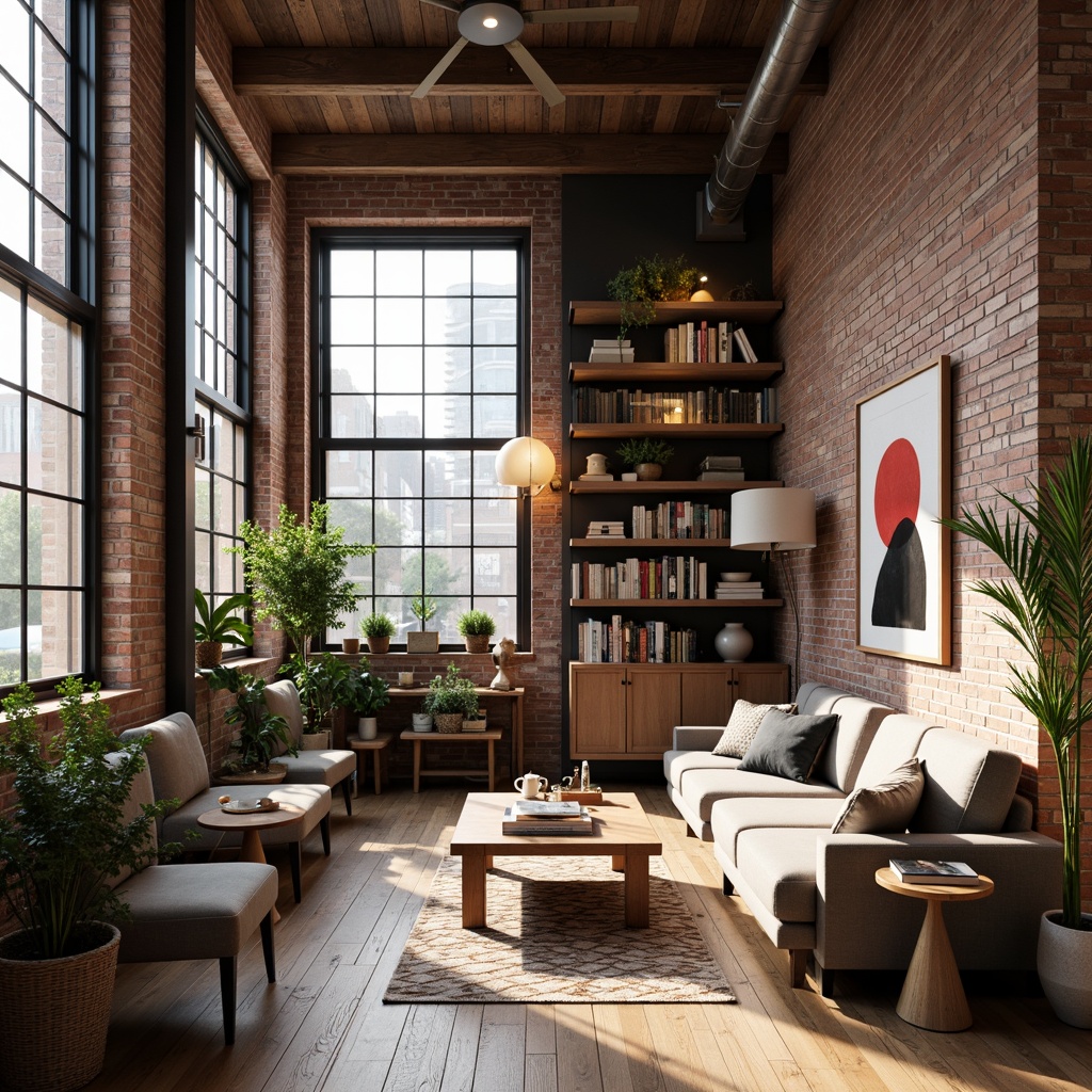 Prompt: Exposed brick walls, industrial metal beams, reclaimed wood accents, modern minimalist decor, neutral color palette, natural textiles, cozy reading nooks, eclectic art pieces, wooden floorboards, distressed finishes, urban loft atmosphere, academic-inspired furniture, vintage lighting fixtures, comfortable plush sofas, built-in bookshelves, large windows, soft diffused light, 1/1 composition, realistic shadows, ambient occlusion.