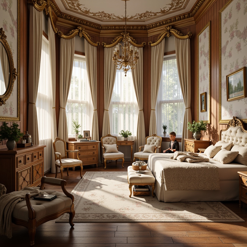 Prompt: Elegant kid's room, rich wood tones, ornate furniture, velvet upholstery, golden accents, carved wooden beds, delicate lace curtains, vintage toys, antique trunks, floral patterns, soft pastel colors, intricate moldings, luxurious fabrics, tufted ottomans, creamy whites, warm beige tones, classic literature books, traditional educational tools, nostalgic ambiance, cozy reading nooks, warm soft lighting, shallow depth of field, 3/4 composition, realistic textures, ambient occlusion.